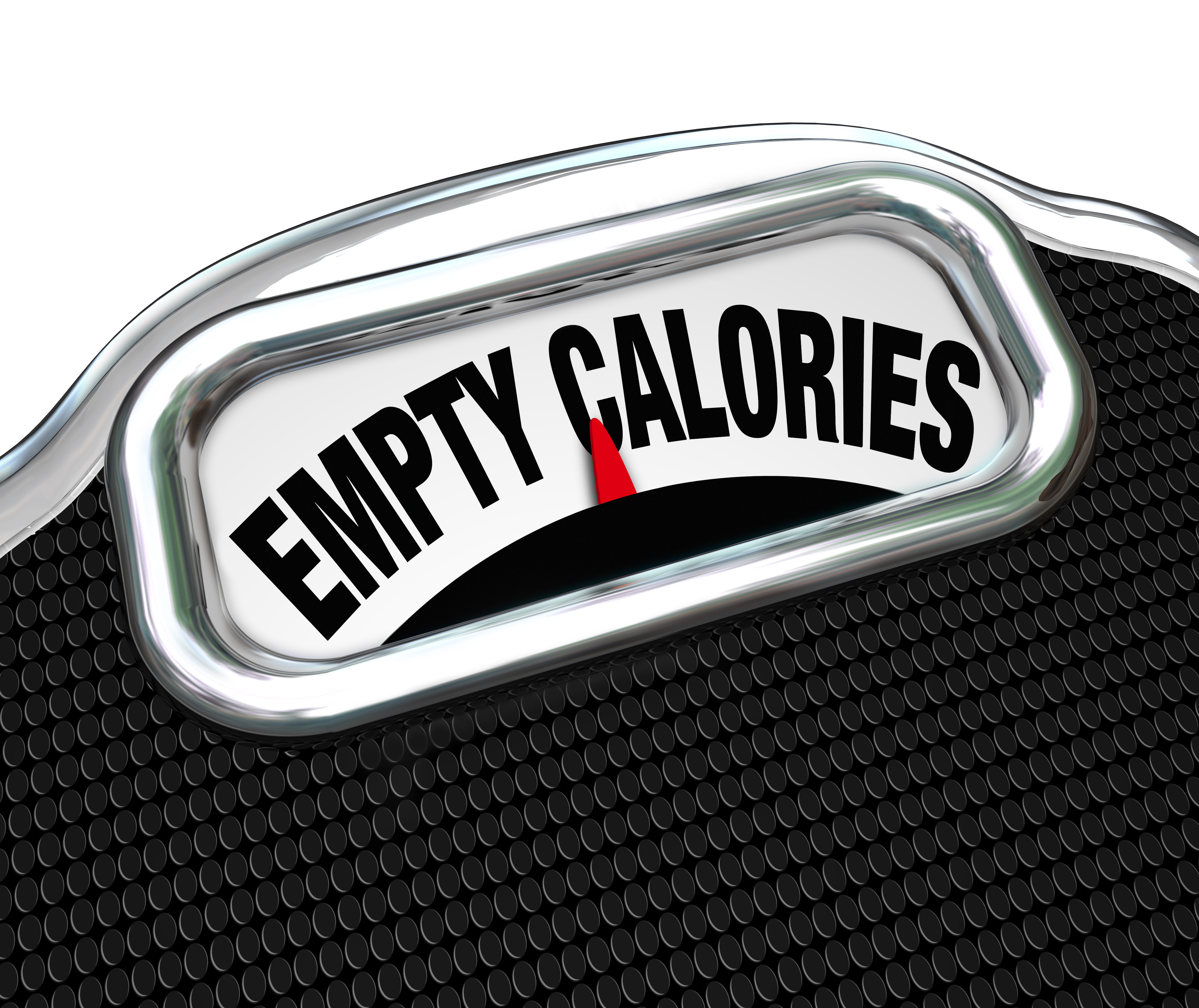 The words Empty Calories on the display of a scale to illustrate the importance of eating nutritional foods for good health instead of junk or fast food such as snacks, candy or other sugary items